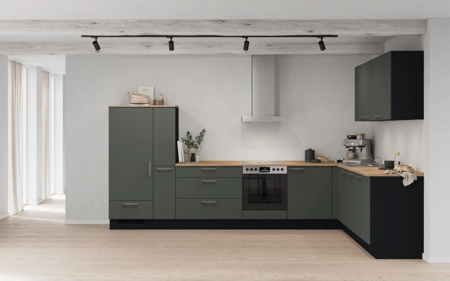 möbelnavi L-Küche 366,6 cm x 246,6 mit E-Geräten Planung 14 Mineralgrün matt Easytouch