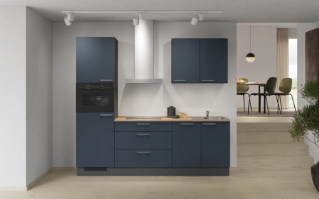 möbelnavi Küchen-Zeile 240 cm mit E-Geräten Planung 2 Fjordblau matt Easytouch