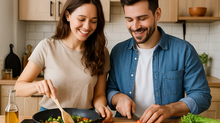 Zwei Personen kochen in einer Landhausküche im Holzton Zwei Personen kochen in einer Landhausküche im Holzton